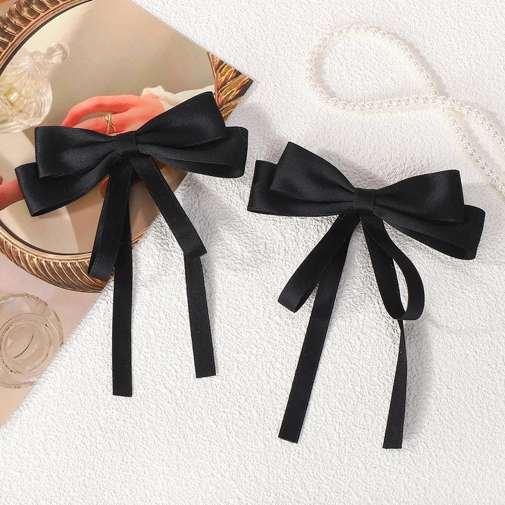 2pcs Elegant Bow Long Ribbon Hair Clips for Women Girls Sweet Large Bowknot Satin Hairpins Ponytail Headwear Hair Accessories