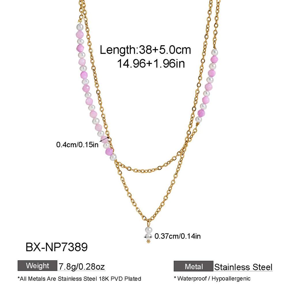 Elegant Double-Layered Colored Natural Stone & Pearl Necklace with Titanium Steel Clavicle Chain