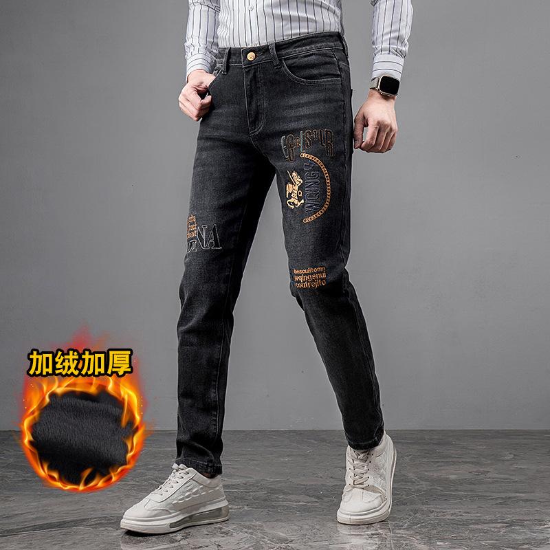 

Европейские и американские высококачественные вышитые и плюшевые толстые теплые джинсы, прямые, эластичные, облегающие, теплые, повседневные мужские джинсы 38