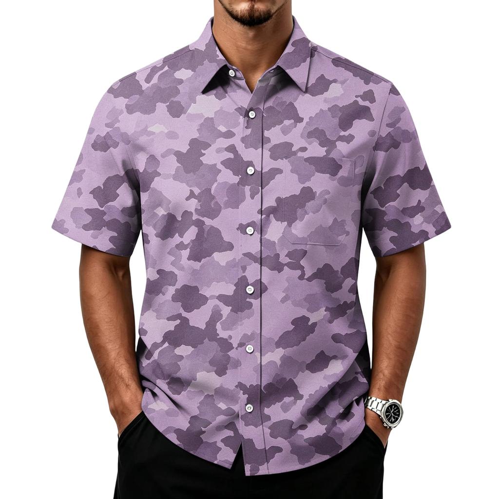 Men's Casual Short Sleeve Button Down Shirt Lightweight Breathable Fabric Classic Fit with Front Pocket Camouflage Print