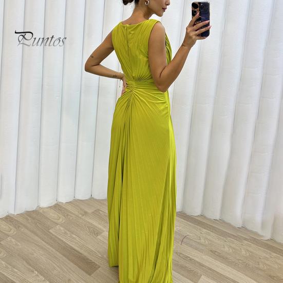 Lady Slit Hem Dress Evening Pleated Floor Length Solid Color Rhinestone Decor Sleeveless Round Neck High Waist Prom Cocktail Party Maxi Women Gown