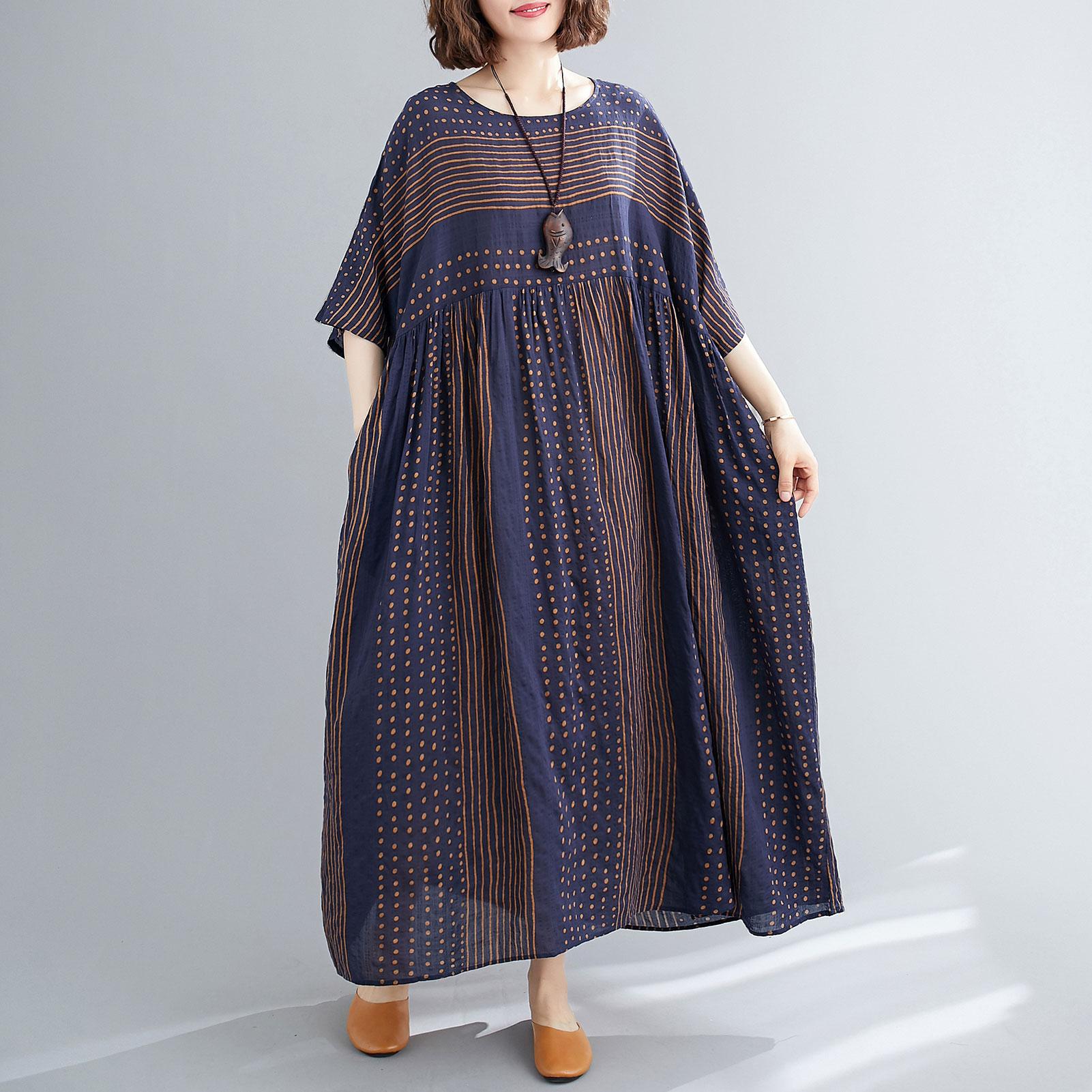 

Винтажное женское хлопково-льняное платье в полоску с принтом и круглым вырезом и половиной рукавов, свободное повседневное платье One Size темно-синий