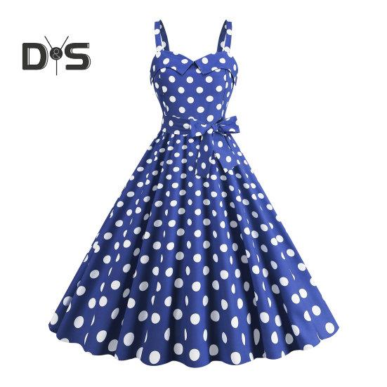 

Жіноча вінтажна сукня 50-х років у стилі ретро, ​​трапеції, широка вечірня сукня без рукавів у крапковий принт, контрастного кольору, еластичний бюст, висока талія, без спини, довжиною до коліна M королівський синій колір