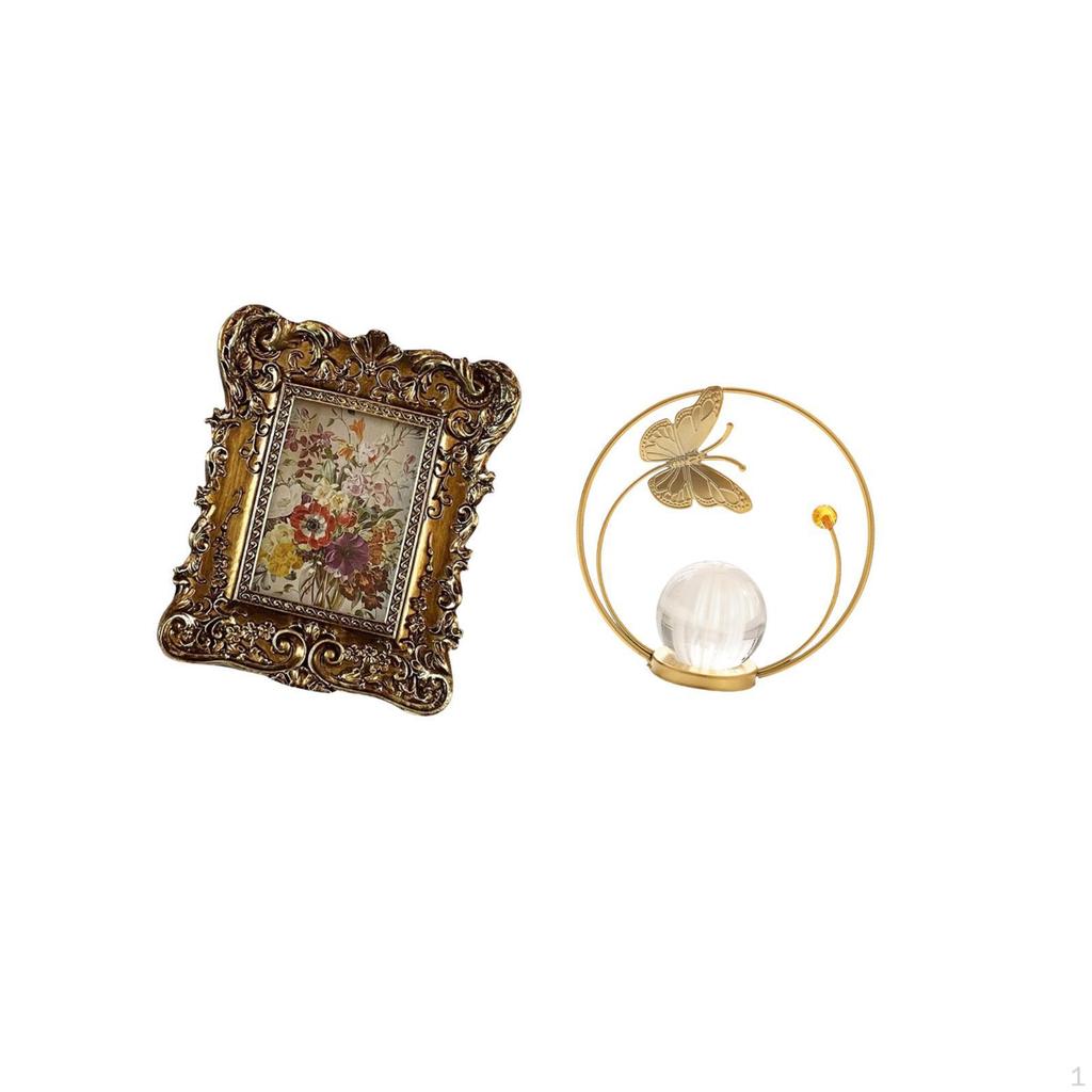 Floral Crystal Photo Frame Sculpture Metal Figurine Tabletop Wall Mounted Antique Picture Holder