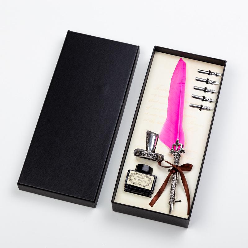 Goose Feather Pen Set with Carved Base and Stainless Steel Nibs - Unique Gift