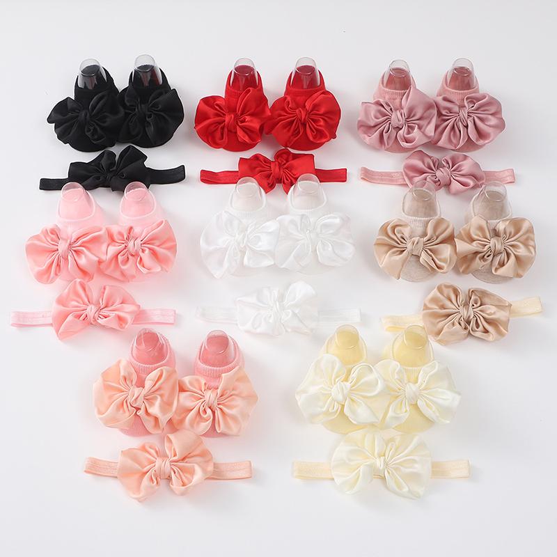 2Pcs Baby Bow Headband Socks Set Toddler Girls Solid Color Bowknot Elastic Hairband Turban Soft Anti-Slip Socks Kids Accessories