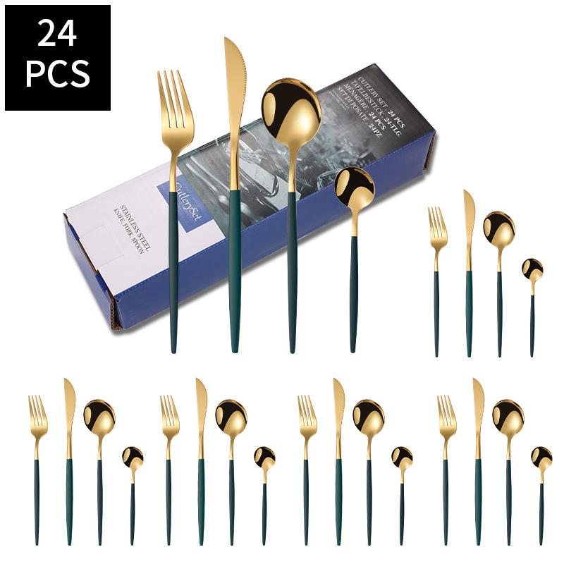 24pcs Gold Dinnerware Set Stainless Steel Steak Knife Fork Coffee Spoon Teaspoon Flatware Dishwasher Safe Kitchen Tablewar