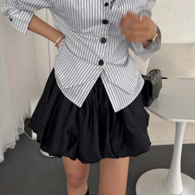 2026 Korean Style Pleated Lantern A-line Mini Skirt - High Waist Slimming Design for Early Spring