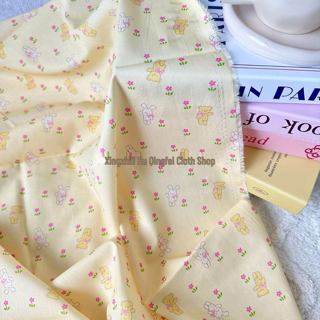 Korean Style Digital Print 100% Cotton Fabric: Rabbit Floral Design for Women's, Children's, and Family Wear, Homewear, DIY