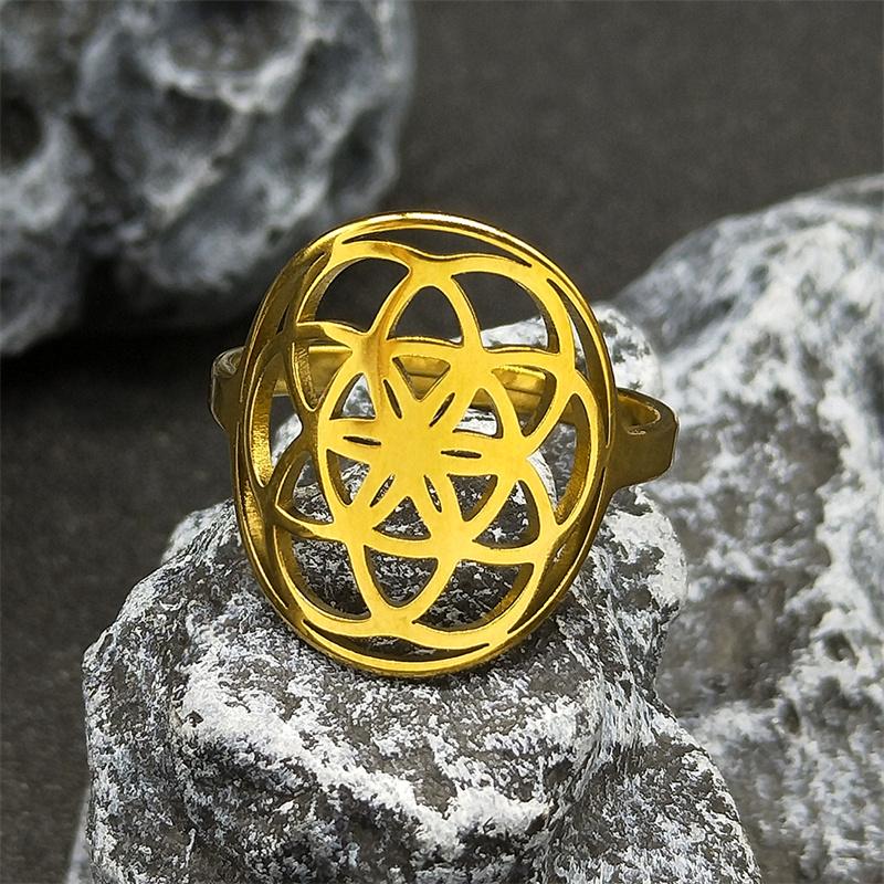Flower Seed of Life Mandala Ring for Women Men Stainless SAteel Gold Color Sacred Geometric Adjustable Rings Jewelry anillo