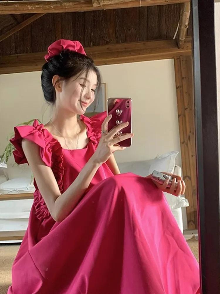 

Temperament rose red small flying sleeves square neck dress women s summer loose and thin long dress sweet seaside skirt M