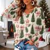 Women's V-Neck Long Sleeve Christmas Printed Lightweight Top for Spring and Summer