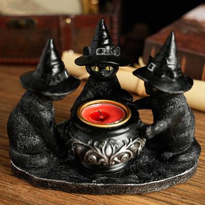 Czarny Kot Świecznik Żywica Halloween Koty z Kapeluszami Czarownic Świecznik Vintage Świecznik Dekoracja Stołu Prezent dla Miłośników Kotów