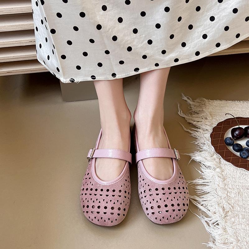 Round head soft sole shallow mouth single shoes new one-word buckle breathable hollow flat bottom low heel Mary Jane shoes comfortable shoes