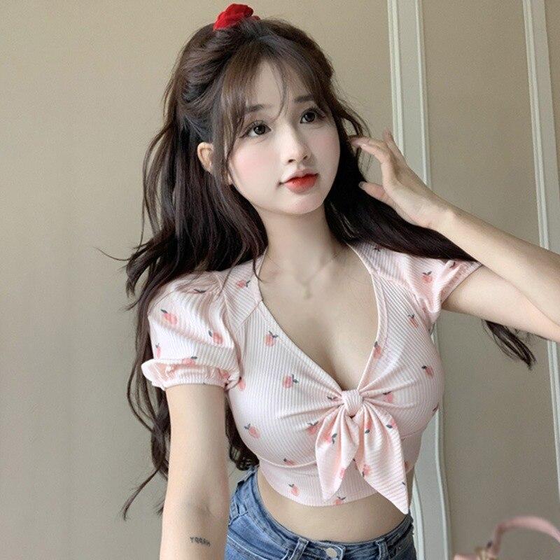 

Женские Топы Цветочный Принт Бант Облегающий Открытый Пупок One Size