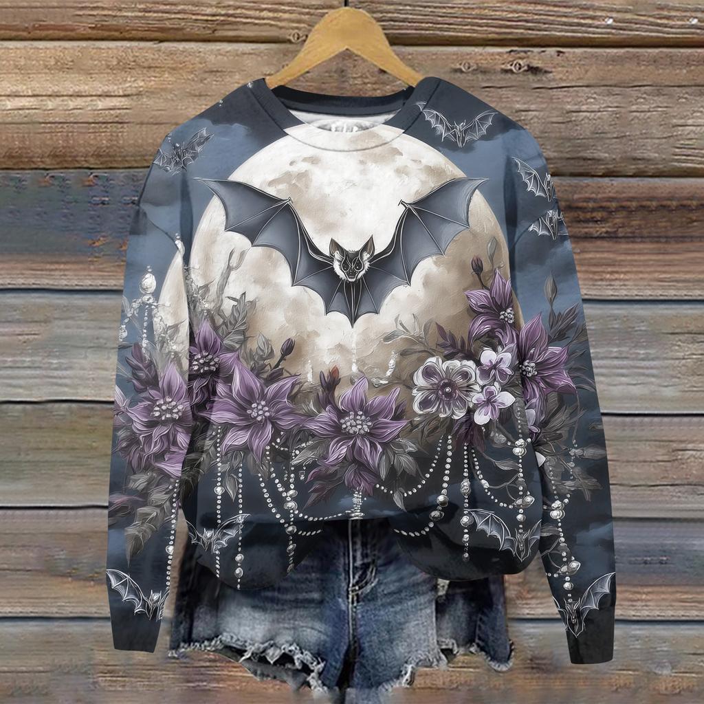 Women's Halloween Print Long Sleeve Pullover Hoodie Casual Round Neck Top