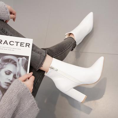 Europäischer und Amerikanischer Stil Damen High-Heel Weiße Stiefel Damenmode Spitz Zehenbereich Blockabsatz Reißverschluss Kurze Stiefel