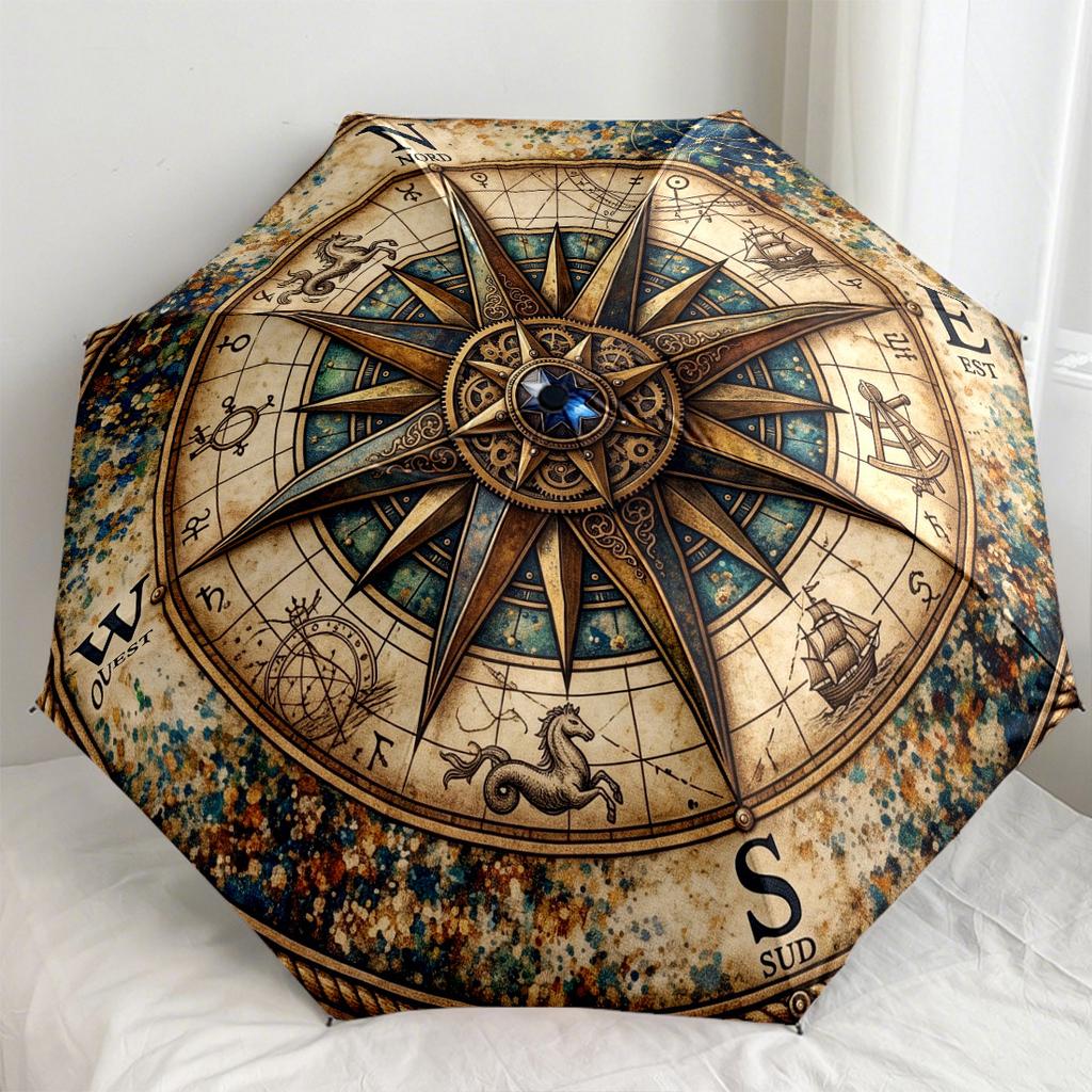 Nautical Compass Design Outdoor Automatic Umbrella Folding Umbrella With 8 Ribs Lightweight For Outdoor Daily Use Compact Folding Umbrella Gift For