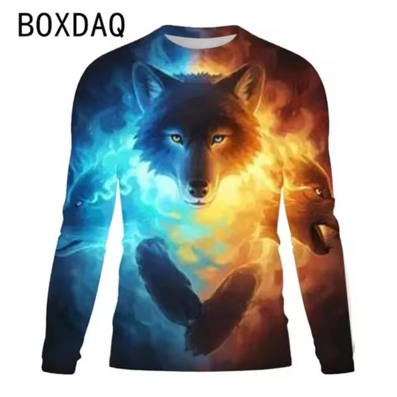 Animal Print Herren Langarm T-Shirt Mode Persönlichkeit Herren Stil O-Ausschnitt Lässig Locker Tiger Grafik T-Shirts Herrenbekleidung