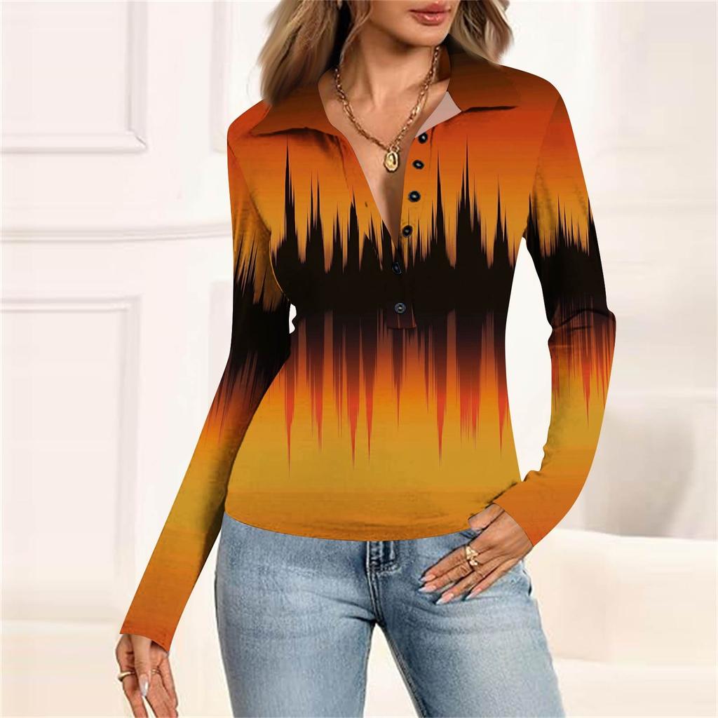 Women's Fashion Casual Printed V-Neck Long Sleeve Button-Down Top