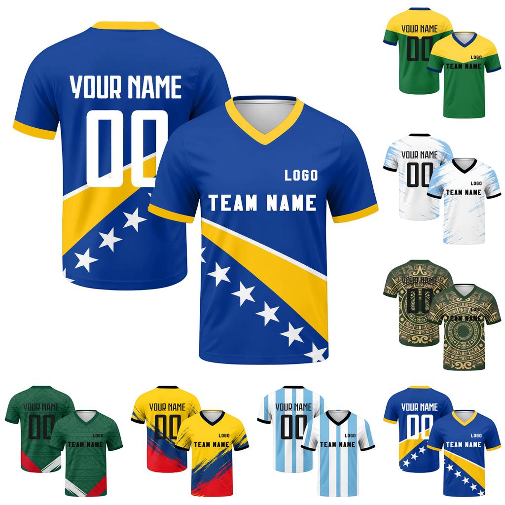 Retro Style International Soccer Fan Jersey Unisex Short Sleeve V Neck Team Shirt Personalized Number and Name Customizable Football Tee