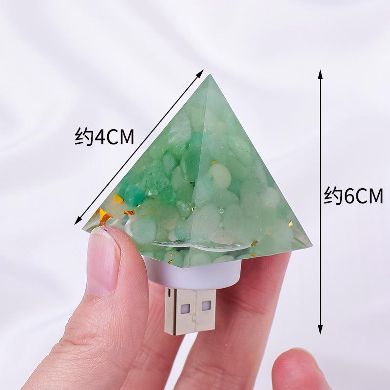 Natural Crystal Stone Pyramid Statue USB Night Light Reiki Orgone Pyramid Lamp Amulet Sculpture for Home Office Decoration