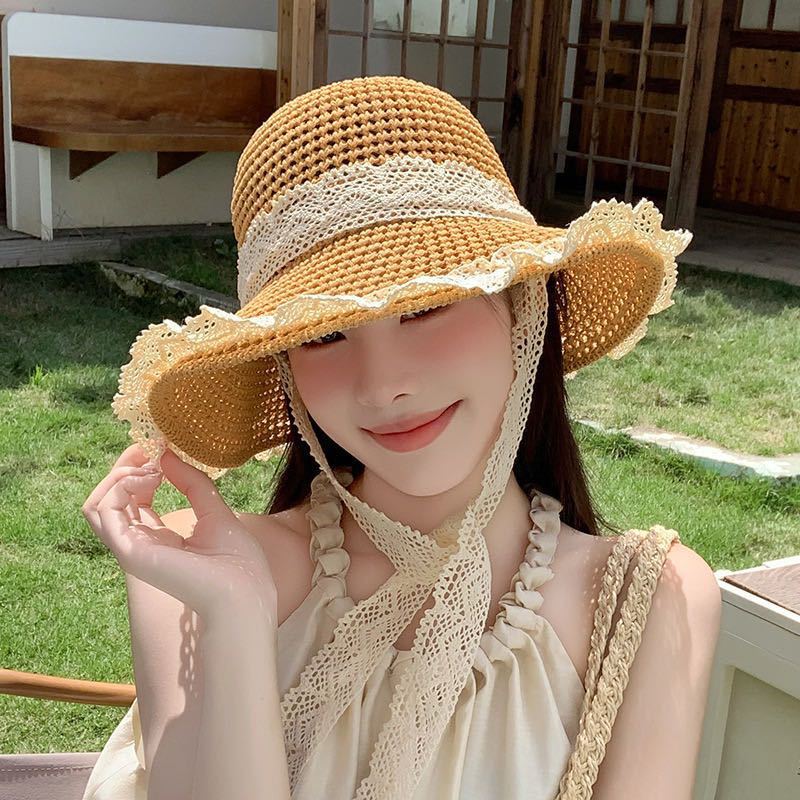 Big brim straw hat women's summer bucket hat breathable lace hollowed seaside beach French sunshade sun hat