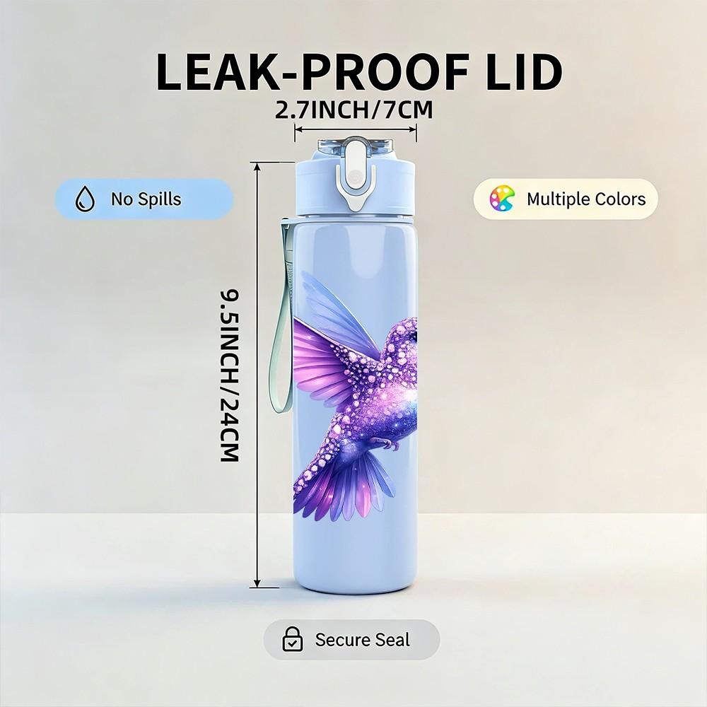 1PC Purple Hummingbird Bird Art Print 750ml Color Plastic Sports Water Bottle Leakproof Flip Straw Lid Suitable for Sports Office Home Use