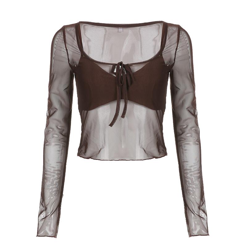 

WTEMPO Брендовая газовая блузка с V-образным вырезом и галстуком-бабочкой, сексуальная повседневная футболка с длинными рукавами, тонкая блузка, весна-лето, женская, простая, с открытым пупком, короткая футболка M коричневый
