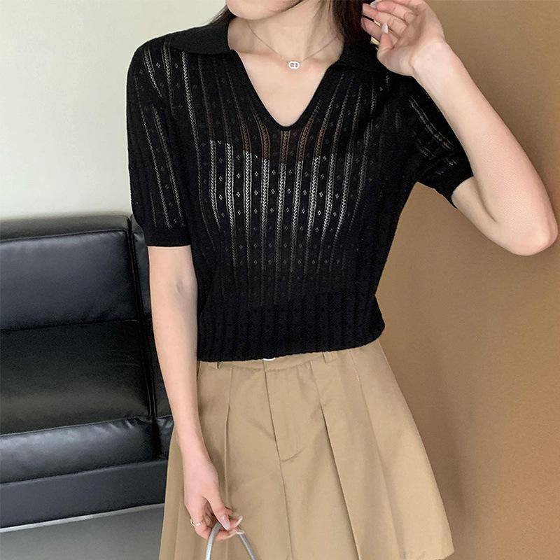 Lapel Hollow Design Knitted Sweater Short-sleeved Women's Summer New Simple and Versatile Thin Top Thin
