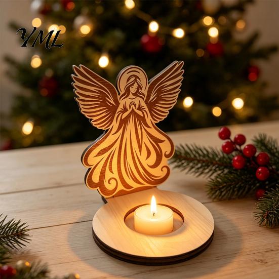Stable Wooden Base Candle Holder, Praying Angel Tabletop Tealight Stand, Religious Poplar Plywood Ornaments Decorative Candlestick for Mantel, Dining