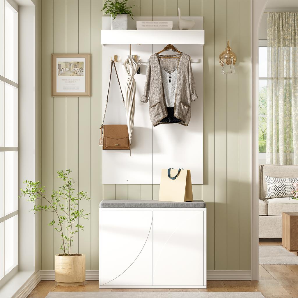 Coat Rack Set 3-in-1 Set – Clothes Rack with Integrated 4 Hooks, Shoe Cabinet with Two Doors and Shoe Bench. White,60×35×(45+100)cm