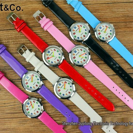 Popular Kids' Cartoon Quartz Watch with Colorful Numbers and Leather Strap for Elementary School Boys and Girls