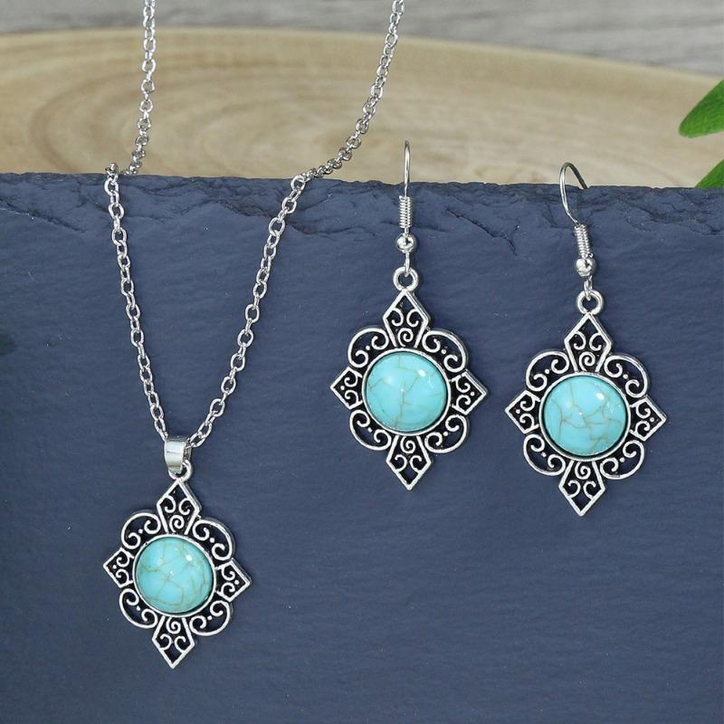 GemChic Women's New Vintage Ethnic Turquoise Geometric Carve Flower Pendant Necklace Earrings Two Piece Set Fashion Birthday Christmas Jewelry Gift
