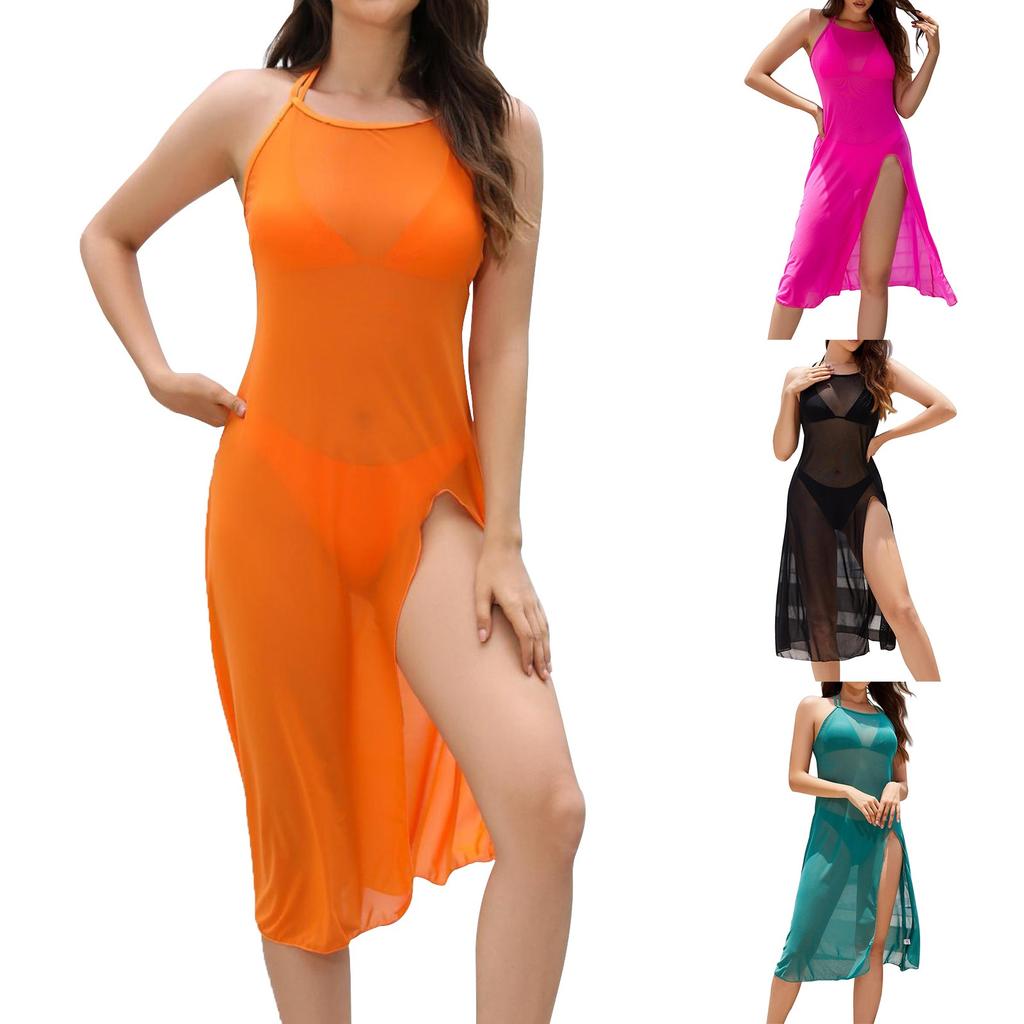 Solid Color Long Skirt Mesh Backless Sexy Top And Pants Split Three Piece Bikini Set Swimsuit