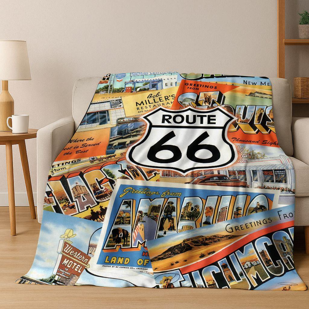 Retro Route 66 Road Trip America Historic Mother Road Art Flannel Blanket,Cozy Soft Throw Blanket for Home Bedroom Bed Sofa Gift 75x90cm