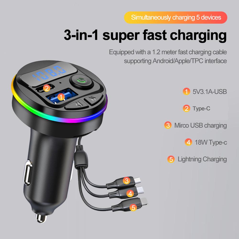 Bluetooth 5.0 FM Transmitter Car Kit MP3 Modulator Player Handsfree Audio Receiver with 3 In 1 Charge Cable for IPhone Huawei