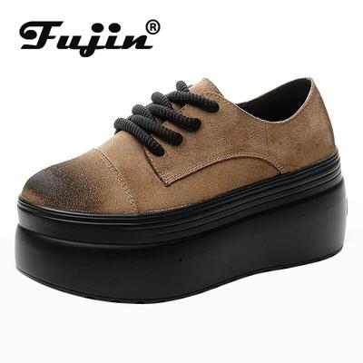 Fujin 8cm semiš Pravá koža čižmy na platforme Dámske jarné čižmy na klin, jesenné čižmy na kline Fahion členkové topánky vysoký top