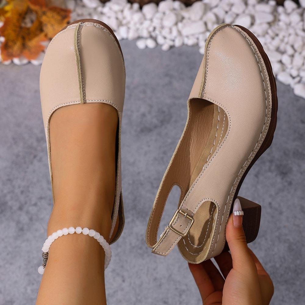Plus Size Women Retro Block Heel Sandals, Buckle Design Comfort High Heels Outdoor Beach Vacation Shoes