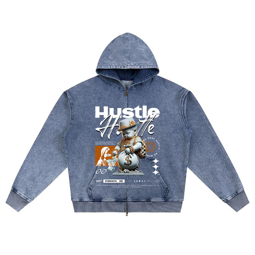 DTG-Druck Gestrickter Denim Zip-Up Hoodie No More Hustle Brother Print Reißverschluss-Hoodies