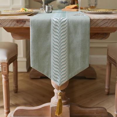 Simple Light Green Embroidered Tassel Table Flag Tablecloth Fabric Tea Towel Long Strip
