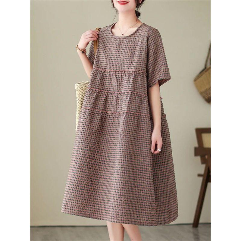 

Plaid Crew Neck Short-Sleeve Dress Loose Plaid Crew Neck Short Sleeve Dress Women Pink XXL