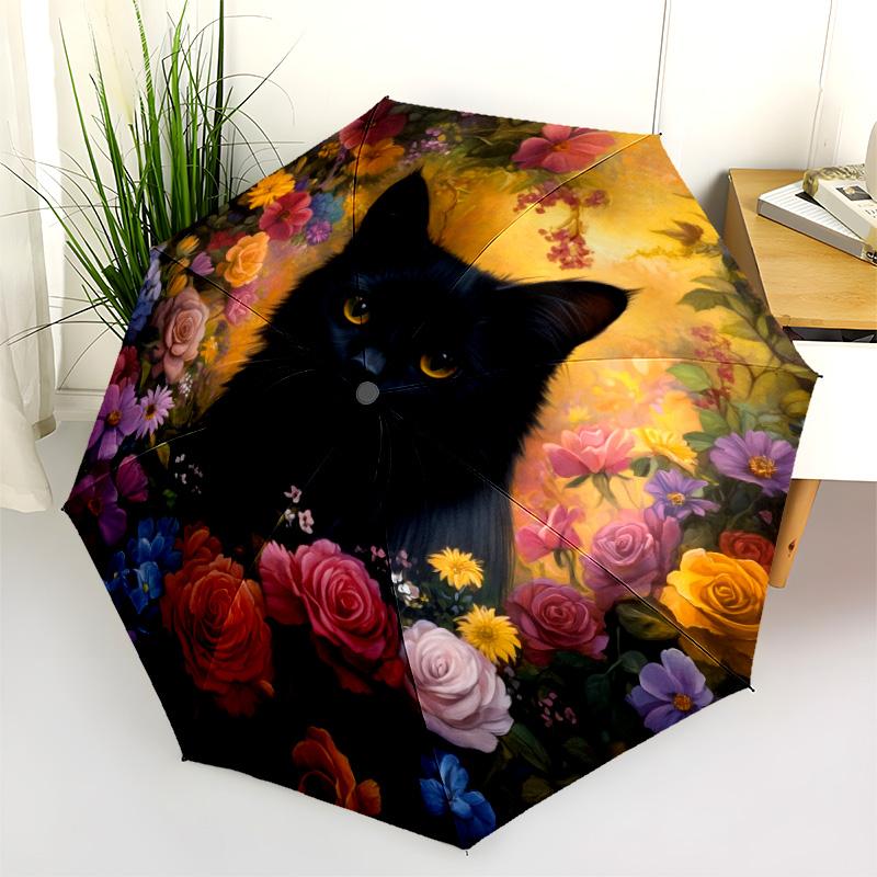 0106 Floral Black Cat  pattern, automatic folding umbrella, portable and foldable design, 8 ribs, a Christmas or birthday gift.