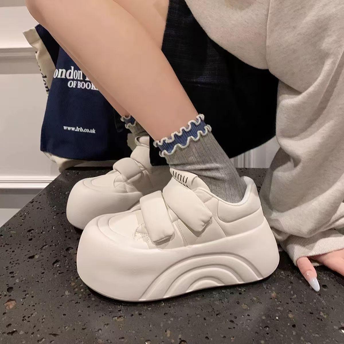 Thick-soled spring and autumn new board muffin ugly cute shoe bread 22 Velcro sticker 35 бежевый