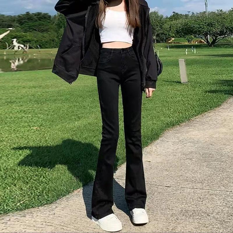 Fleece Thickened Black Flared Jeans Women's Trousers, High Waist Elastic, Thin, Warm and Slightly Mop Pants