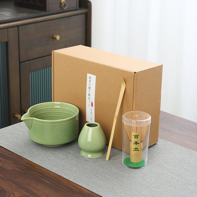 4Pcs Matcha Whisk Set Elegant Matcha Tea Set Ceramic Bowl Teaspoon Whisk Holder Powder Box Spoon Holder Tea Cloth Tea Sieve