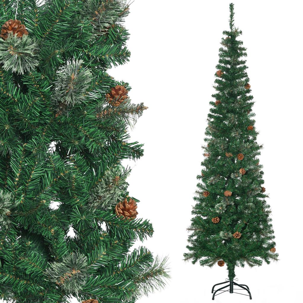 Artificial Christmas Tree 195 Cm, 556 Branches with 27 Pine Cones + Foldable Stand, Green