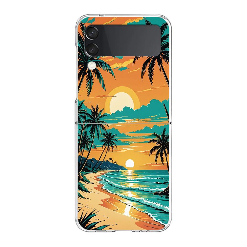 Phone Cover For Samsung Galaxy Z Flip 7 6 5 4 Case Transparent For Samsung Z Flip 3 Hard PC Foldable Sunset Coconut Tree Pattern