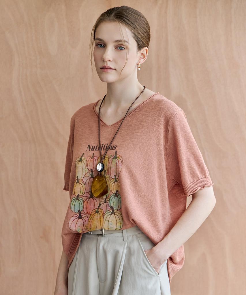 M.GRAF Vintage Pumpkin Print Loose Fit Short Sleeve Knit