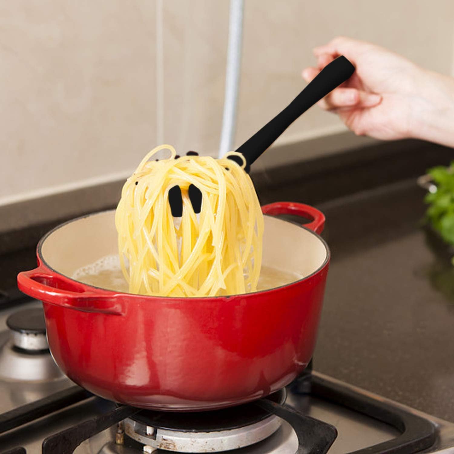 Silicone Pasta Fork (11.2 ), KUFUNG High Heat Resistant to 480°F, Food Grade Pasta Spoon, BPA Free, Spaghetti Strainer & Server Spoon (Black, Pasta